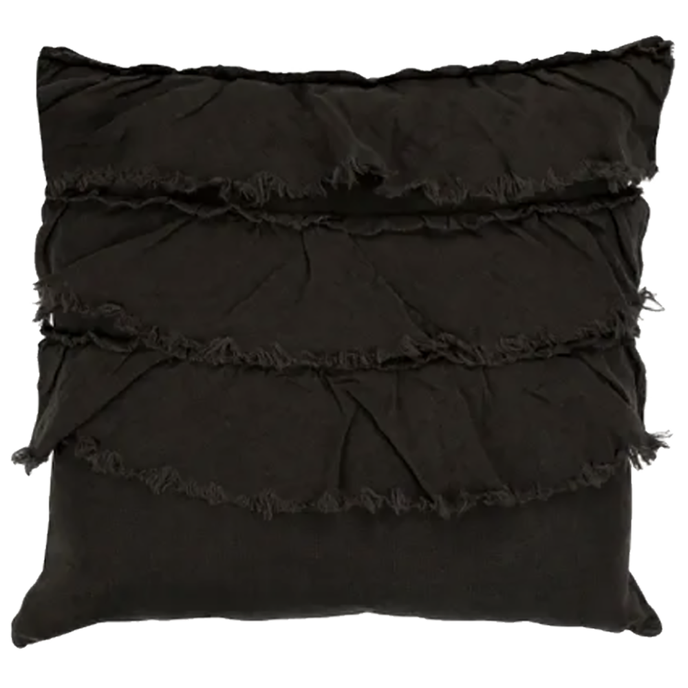 Raine & Humble | Linen Layered Frill Cushion with Feather Insert in Charcoal Grey