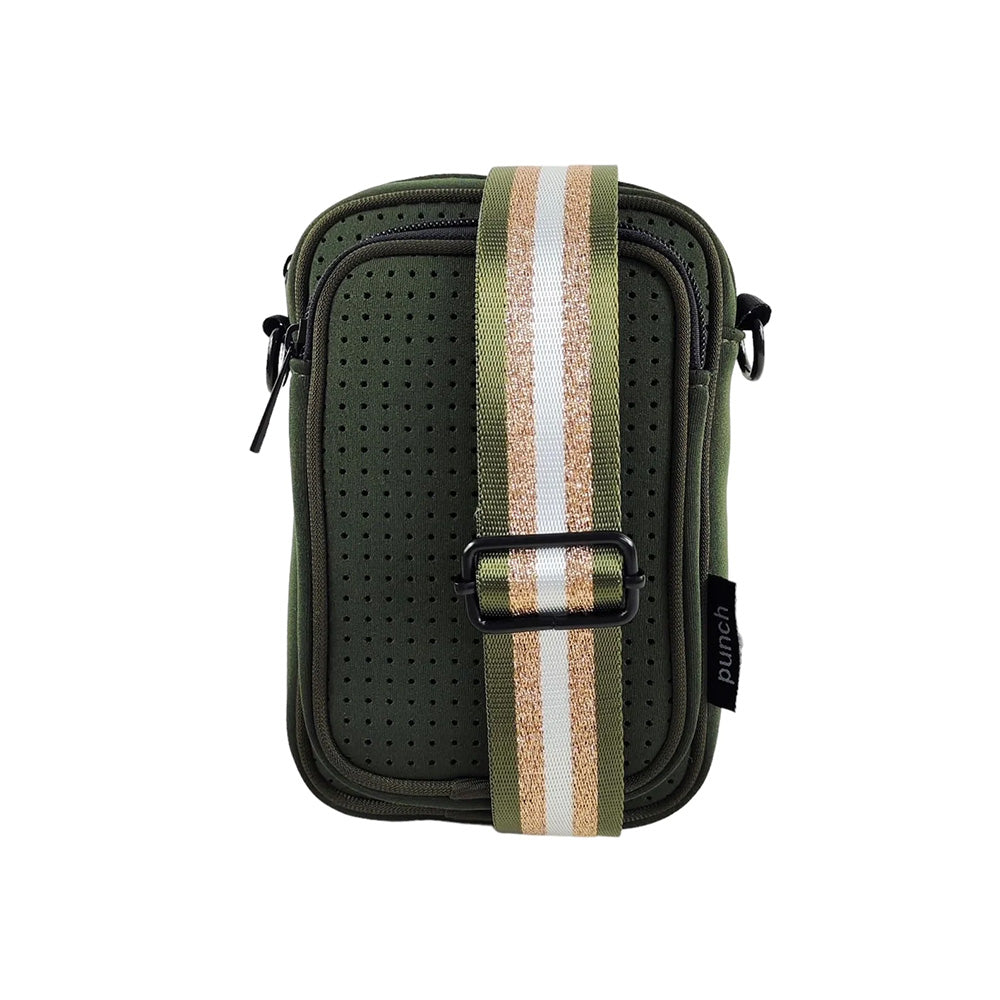 punch neoprene | Neoprene Stroll Cross Body Pocket Handbag in Olive Green