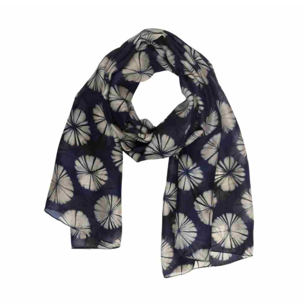 Wearable Art Scarves | Japanese Blooms 100% Pure Silk Scarf in Navy Blue