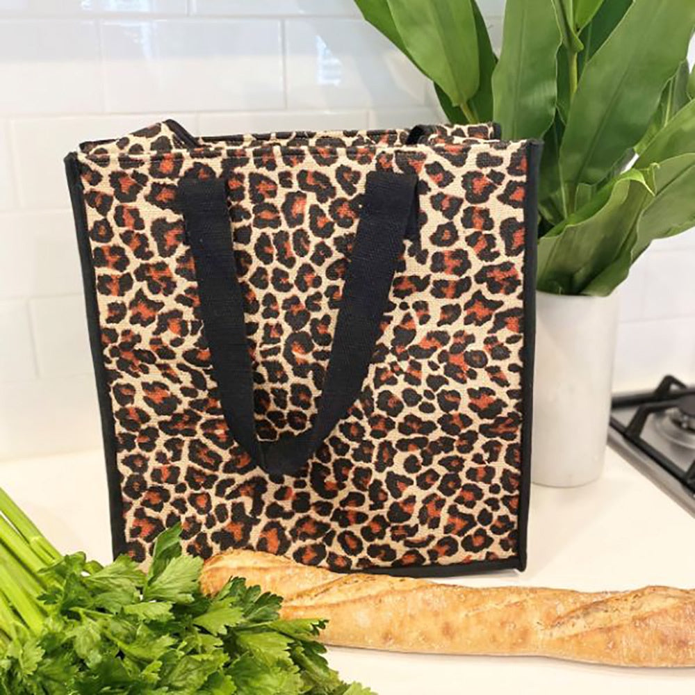 Ivory House | Insulated Jute Cooler Beach Bag in Ocelot Leopard Print