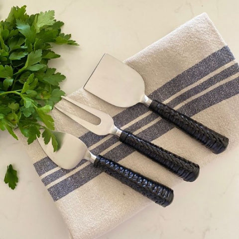 Ivory House | Black Wicker Plaited Cheese Knife Set of 3