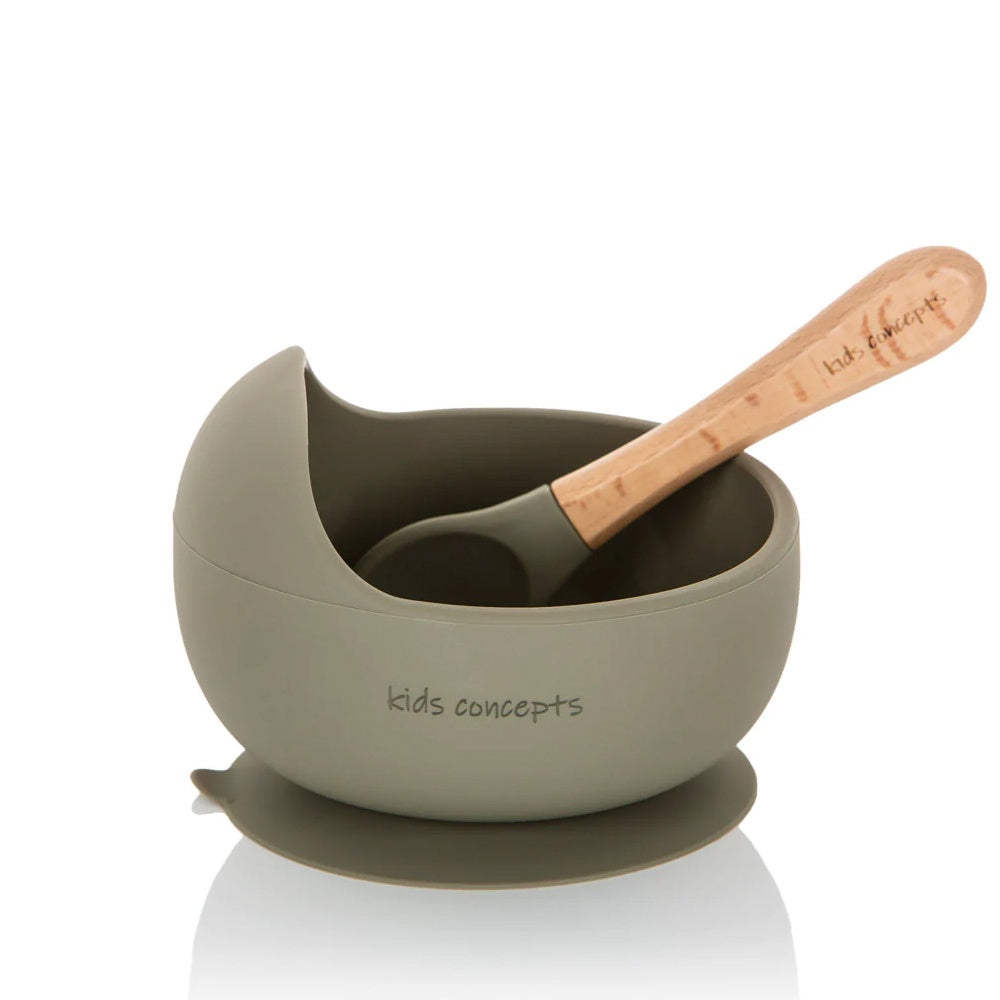 kids concepts | Food-grade BPA-free Silicone Food Suction Bowl & Spoon Set in Sage Green