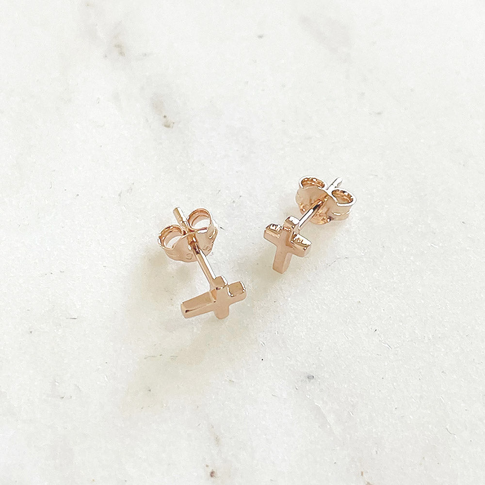 sophari | Sterling Silver Rose Gold Plated (925) Crossed LUXE Small Cross Stud Earrings