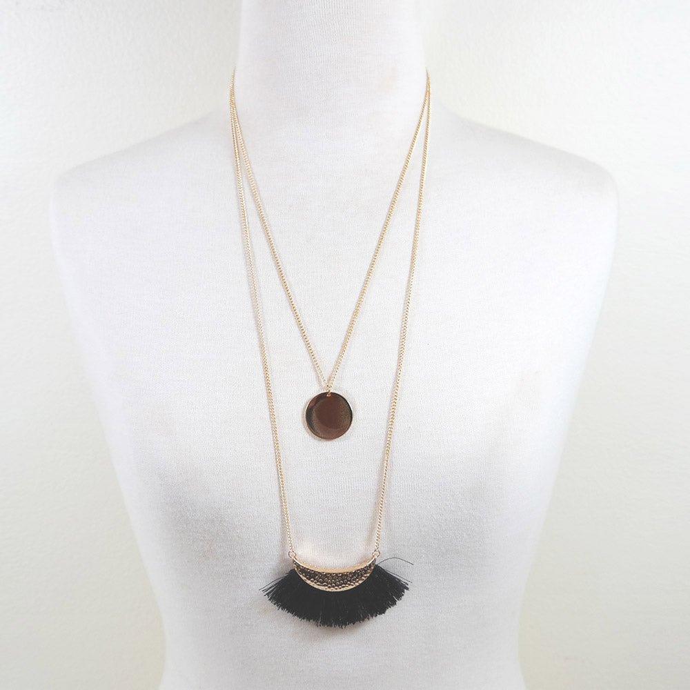 sophari | Long Fringed Multi Chain Necklace in Ebony Black
