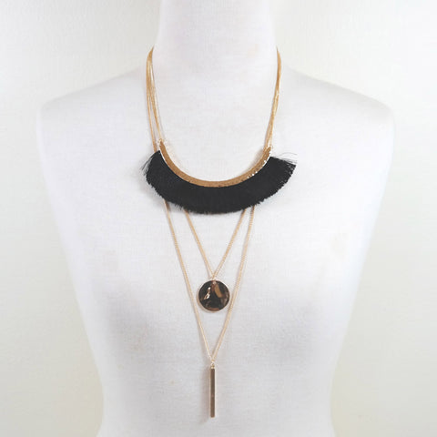 sophari | Wide Fringed Multi Chain Necklace in Ebony Black